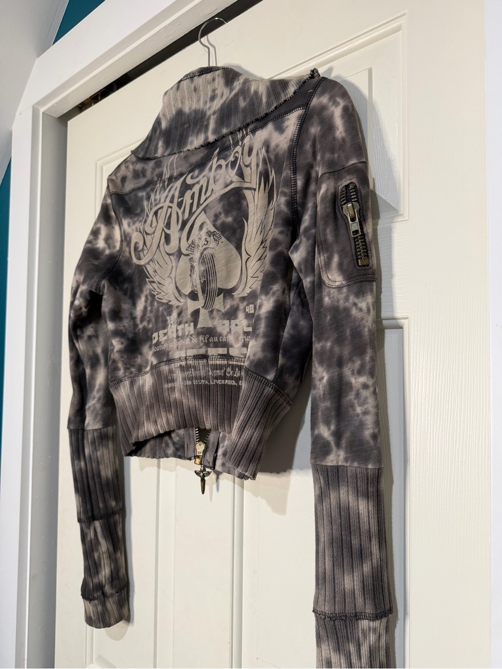 Salvage Gray Tie-Dye Cropped Bomber Jacket Vintage - Picture 3 of 8